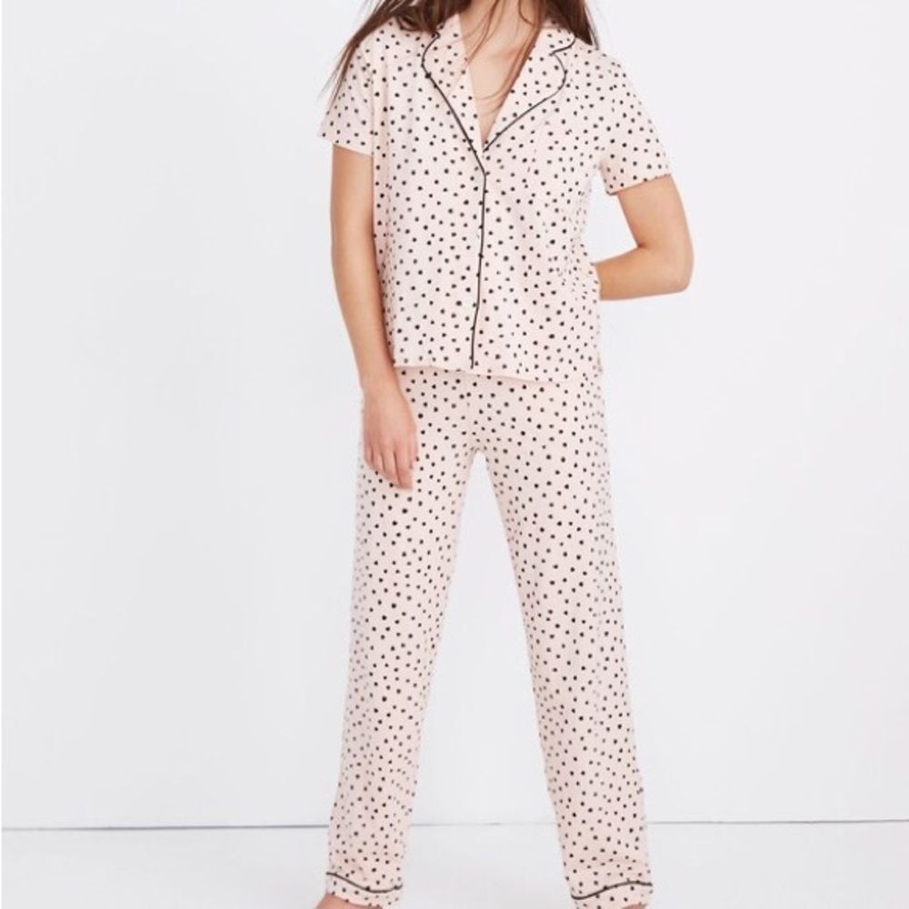 Madewell Pink Knit Bedtime Pajama Set in Painted Black Hearts size S